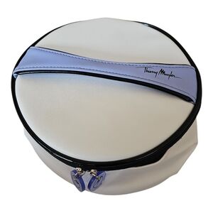 Vintage Thierry Mugler White Round Cosmetic Case Bag with Black Trim & Lilac
